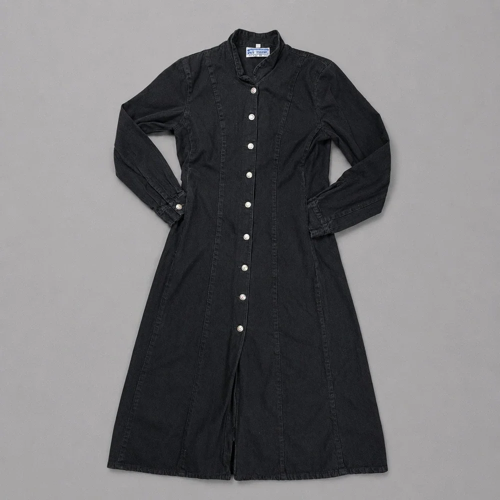 Vintage Denim Long Dress Women Medium Button Down Long Sleeve Black 90s Cottage - Picture 1 of 9